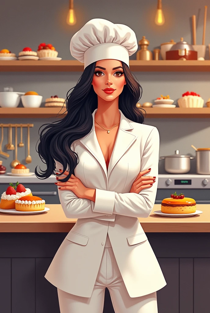 drawing, illustration of woman with black hair in suit (Pastry chef's hat and suit) posing for the photo crossing her arms