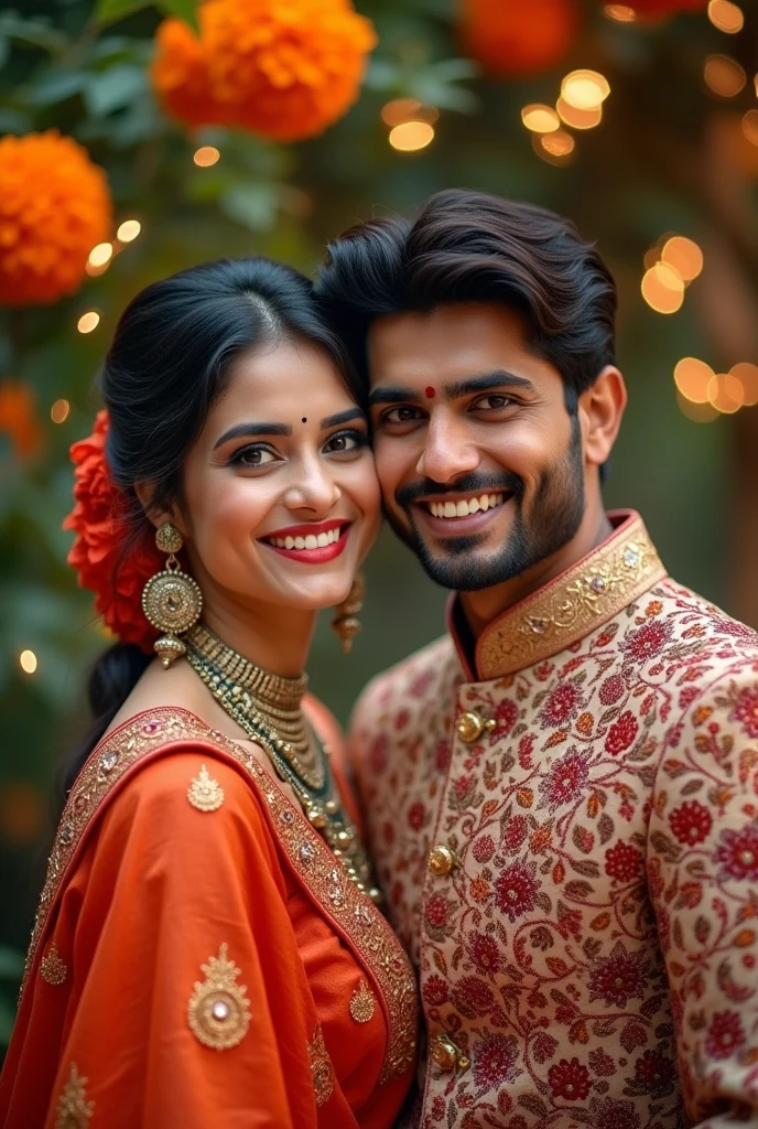 Indian couple in traditional wear,their face type is ovale and well developed jaw line and fair tone skin and the picture type is Portrait closeup