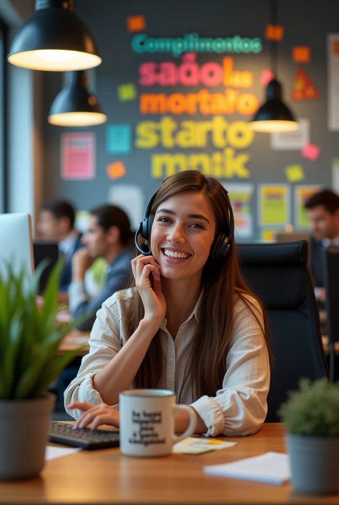 An image of a telemarketing agent with the phrase "Compliments are confirmation of your excellent work!" highlighted with Brazilian Portuguese
