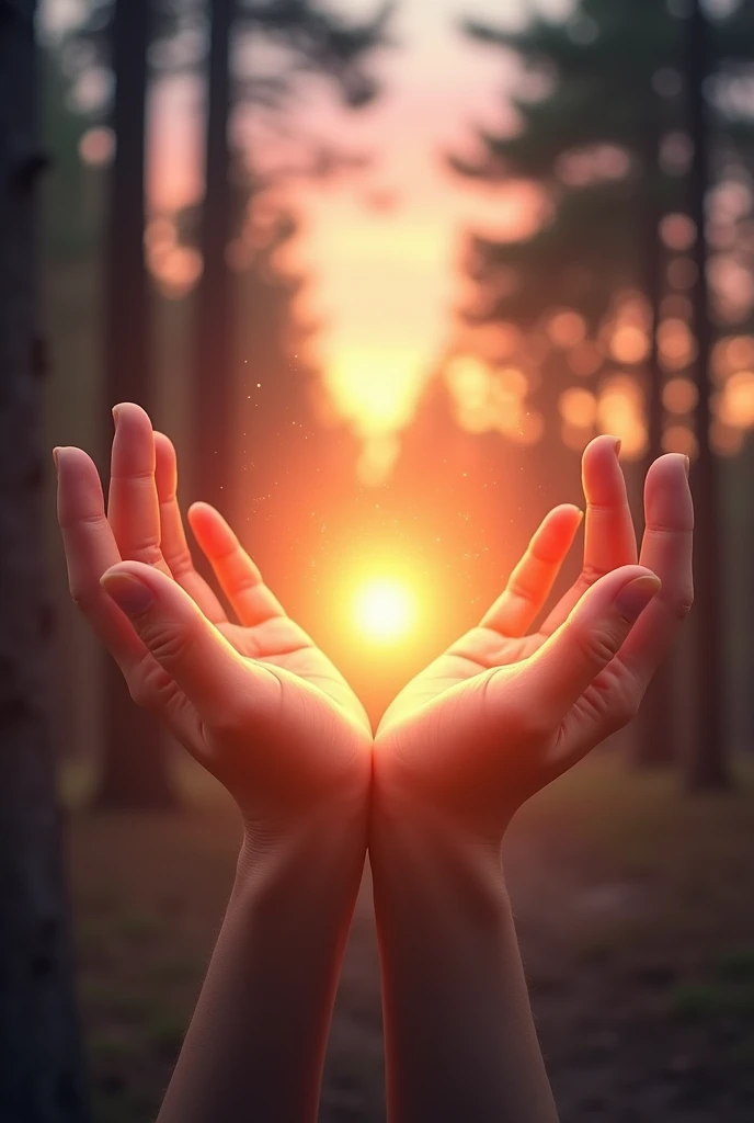 Two hands spread out slightly apart with light between them and chokurei reiki in the center, medium size, background sunrise trees and small sparks of lights in the environment