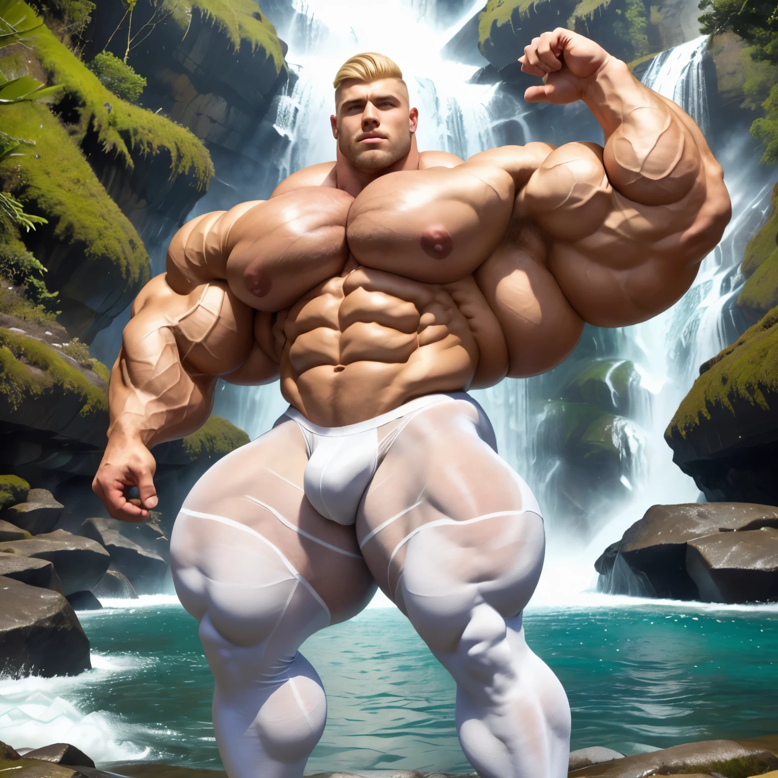 full body view, one white european male bodybuilder flexing his massive big bulbous over-inflated triple-biceps. Handsome with blonde undercut clean shaved haircut . extremely over-blated and over-inflated bodybuilded. One arm raised flexing incredibly over-inflated triple-biceps bigger than his head. Posing in front of a waterfall. Broad well developed wide shoulders and absurdly over-inflated over-bloated round pecs Well defined abs. Thick muscular legs. Wearing only white transparent sheer tights with white sheer socks