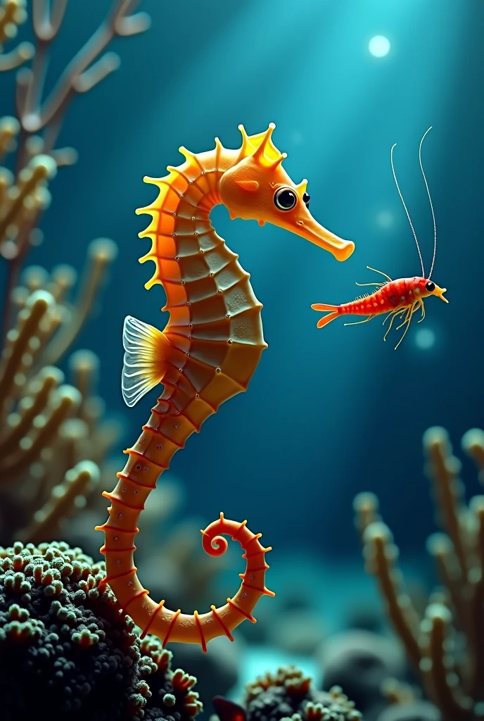 A seahorse（hippocampus）Chasing shrimp in the sea，motion blur, Sony FE, Verism, 4K