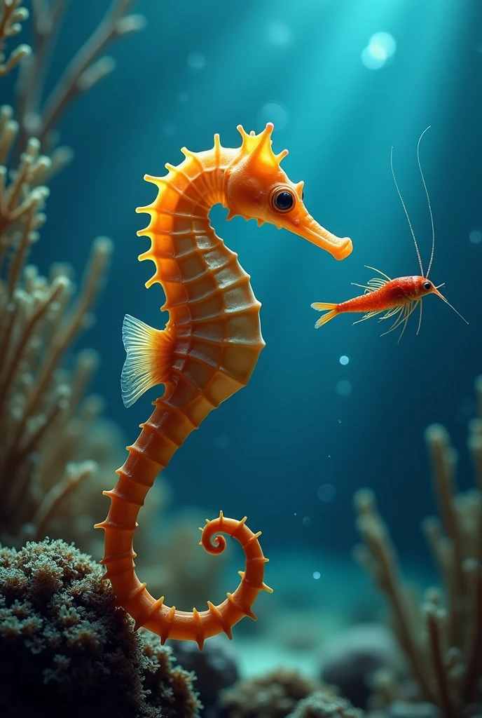 A seahorse(hippocampus)Chasing shrimp in the sea,motion blur, Sony FE, Verism, 4K