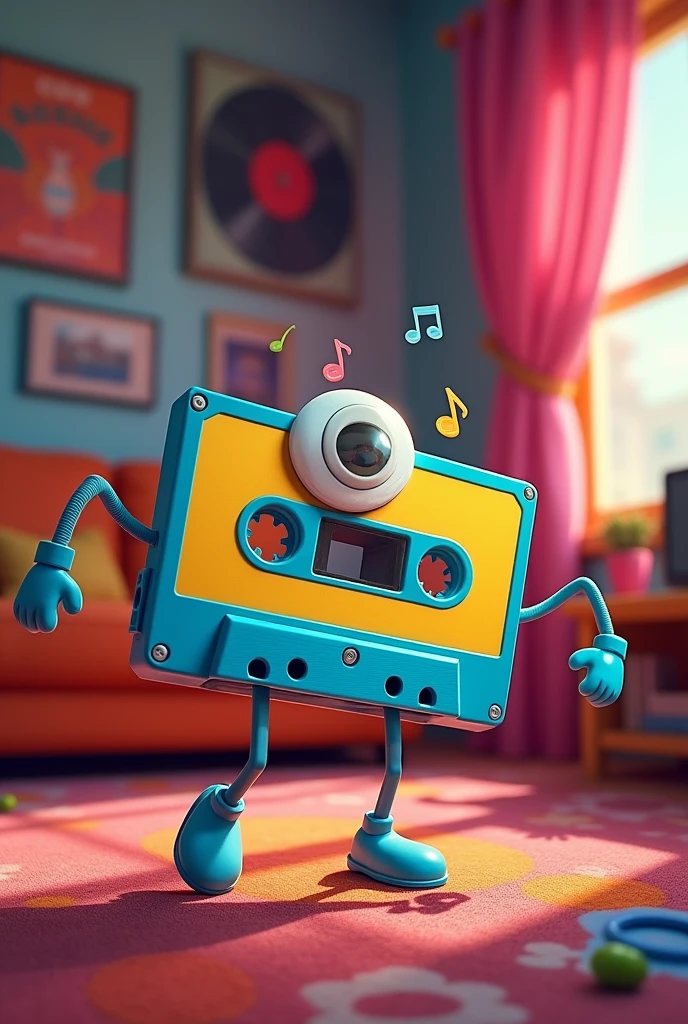 An animated cassette tape, with arms and legs