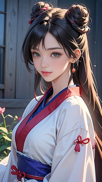 ( High resolution、 Super detailed)、masterpiece、Highest quality、High resolution、8k、Detailed Anime、Buildings from the Tang Dynasty、Tang Dynasty China、Tang Dynasty China、Young and beautiful woman、Beautiful Face、Beautiful Face、Pretty lips、Hanfu、(Full Body Shot)、Hair styled in a bright-colored round bun、Smiling eyes、Walking、background、garden、Colorful flowers、Plum blossom、Vibrant colors、Detailed CG、