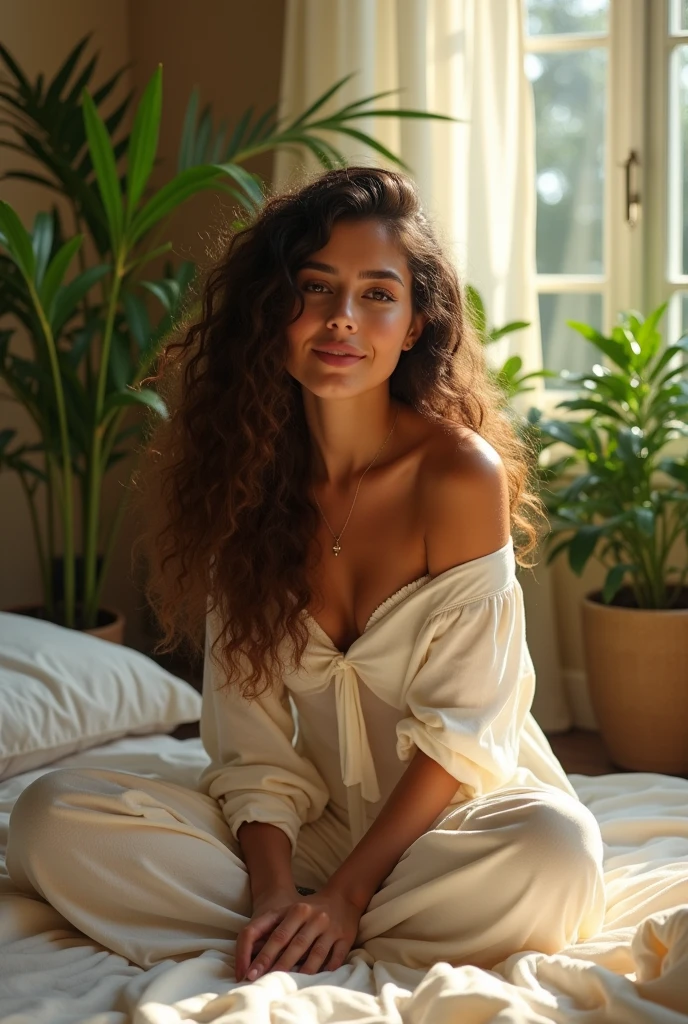 (photorealism:1.2), beautiful woman, sitting on bed, wearing loose off-shoulder top, pajama pants, long curly hair, indoors, soft lighting, plants in background, window with sunlight, cozy room, relaxed pose, realistic, intricate details, warm colors, by Greg Rutkowski, by Alphonse Mucha