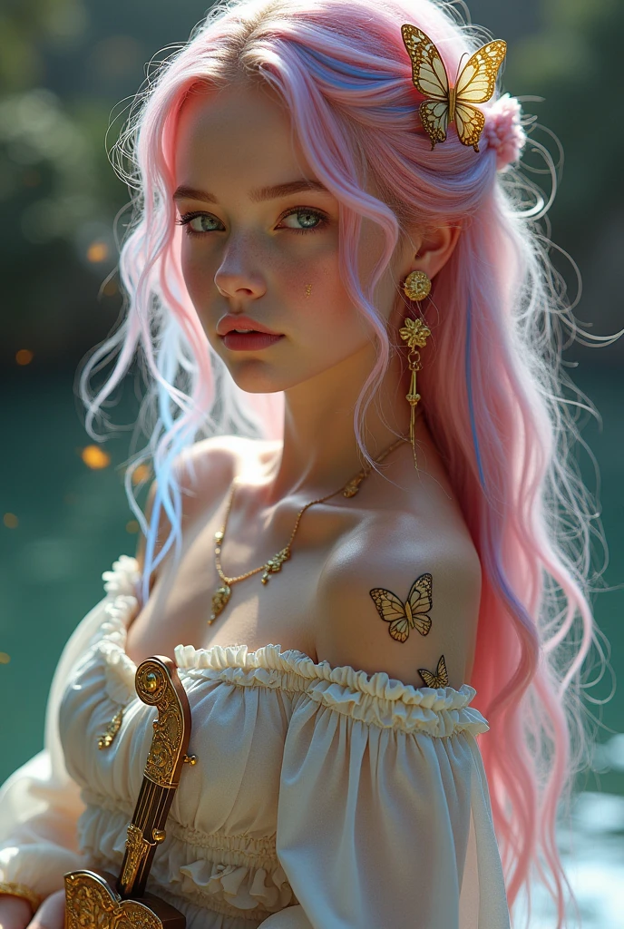 pale thin young Caucasian woman looking up, (forest background), pink and gold hair, fairy and flowers, flowers blending into hair, barely clothed, heavy rain making her all wet, full body with ass as the focus area, cover, choker, hyperdetailed painting, luminism, Bar lighting, complex, 4k resolution concept art portrait by Greg Rutkowski, Artgerm, WLOP, Alphonse Mucha, little fusion pojatti realistic goth, fractal isometrics details bioluminescens : a stunning realistic photograph 20 years, beautiful face