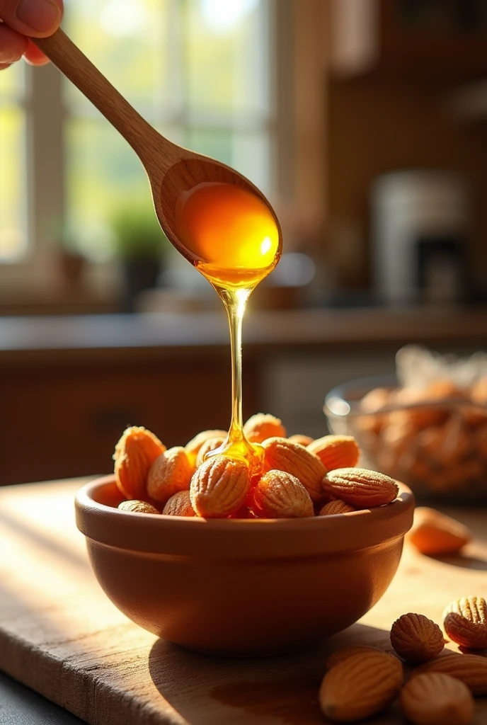 Mixed honey almonds pouring honey from a wooden spoon
