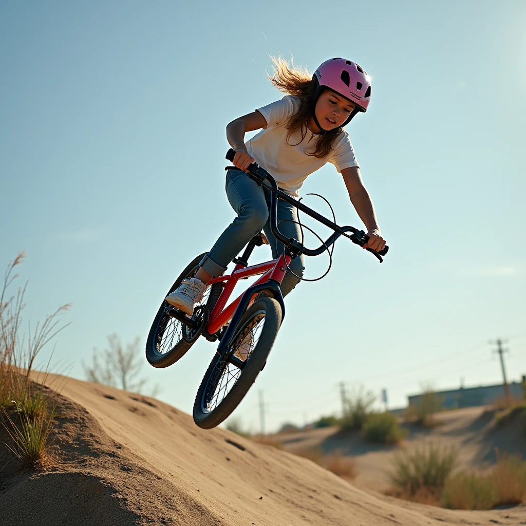 a girl riding a bicycle is trying to jump like BMX,