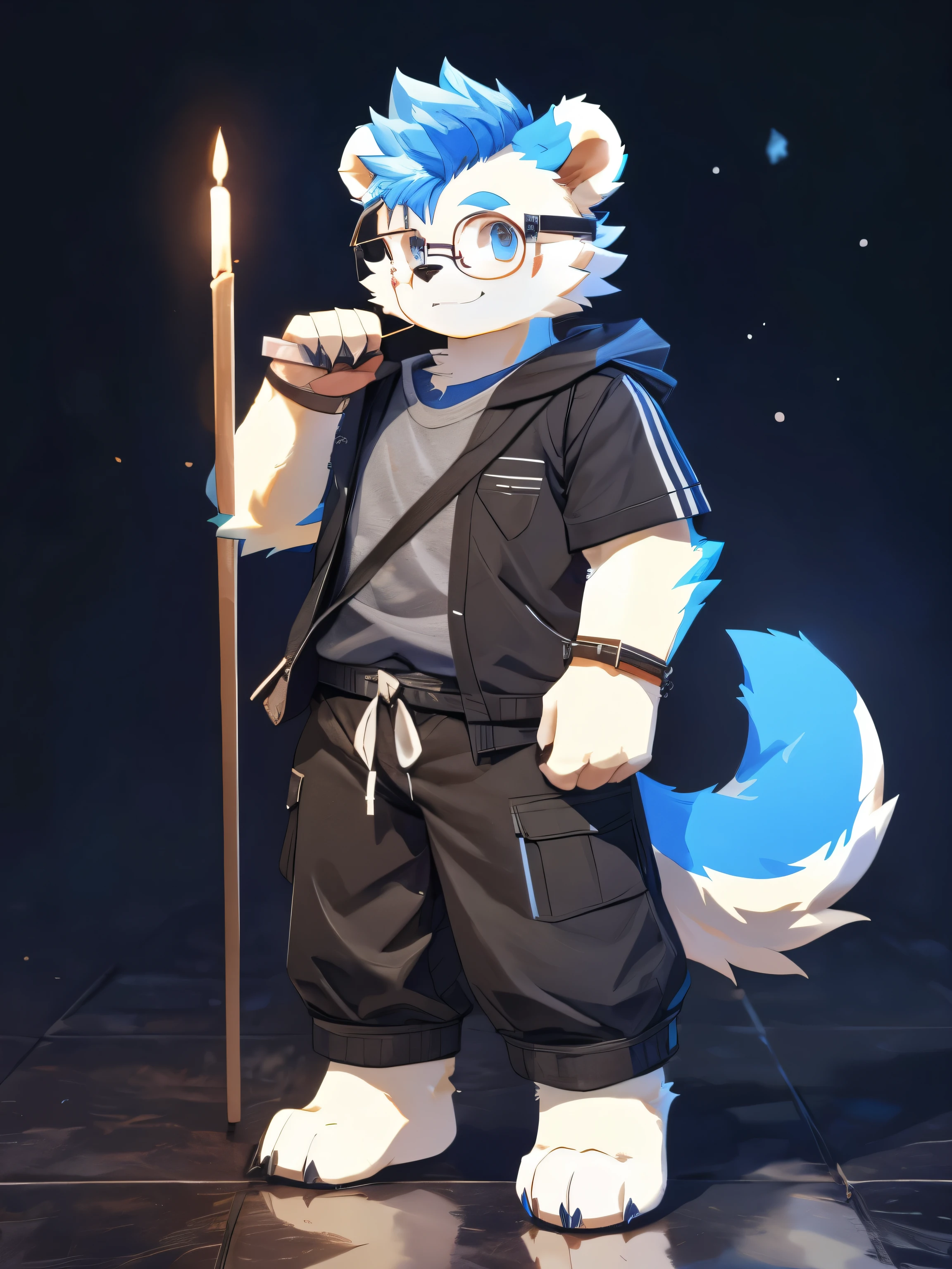 nj5furry,kemono,full-length portrait,anthro,hi res,male,Blue hair,Bear,White short sleeve,Glasses,strong,Fluffy hair,Plush paw,A tail,Delicate eyes,Detailed eyes