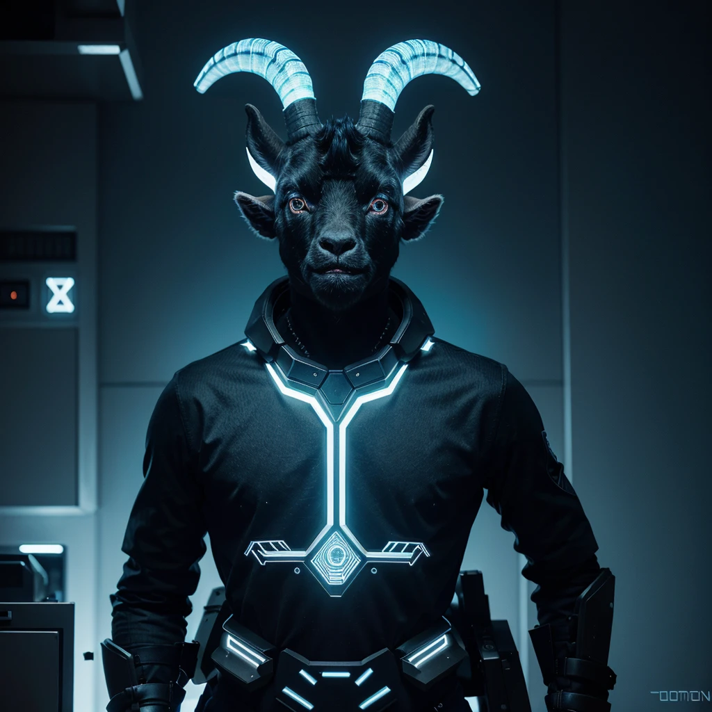 "Create a highly detailed 3D illustration of Operator a goat's blue head designed as an NFT, with a futuristic and high-tech theme. The Operator goat head should be blue in color and represent a powerful, authoritative figure, like a CEO. The design should incorporate elements of RAM (computer memory), making the horns and other features of the goat head look like intricate, glowing circuits and chips. The overall style should be sleek, modern, and slightly abstract, with a blend of organic and mechanical textures."