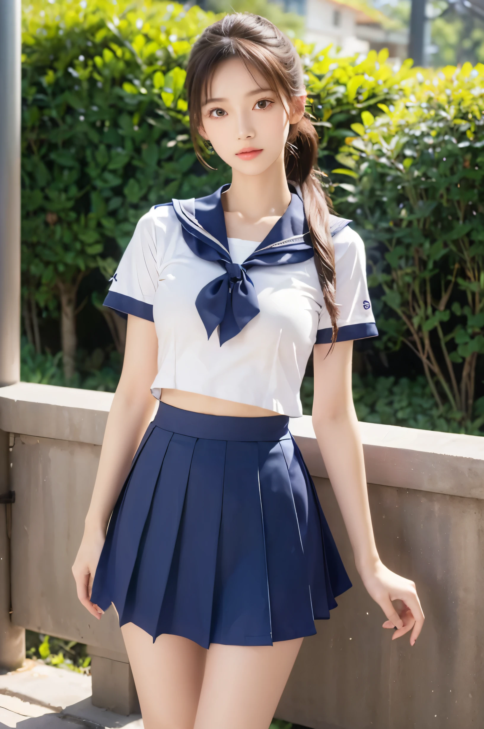 (Ultra HD), (Short-sleeved sailor uniform, Navy blue mini skirt), Big Breasts, slender, Narrow waist, (I can see my belly button:0.8), whole body, Standing posture, (Beautiful Skin, Shiny skin, White skin), (Super slim face, Super beautiful face, No makeup), (ponytail, Layered Cut, Fluffy hair), (double eyelid, Slanted Eyes), Small Nose, Thin lips, Thin legs, In front of the school gate