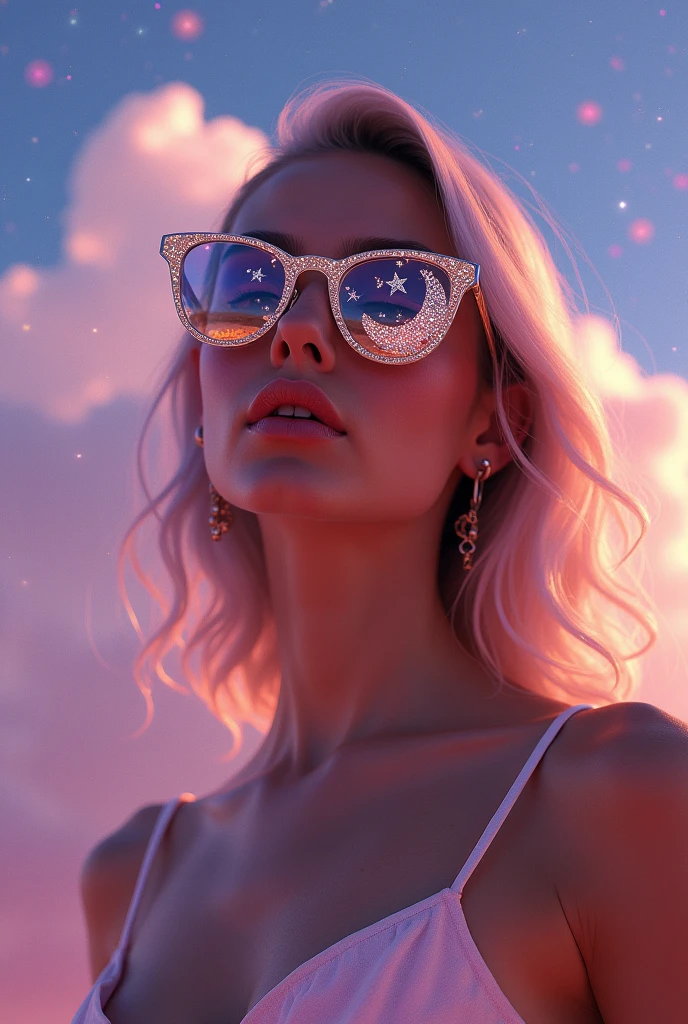 The model is wearing glass sunglasses with stars and the moon on the glass