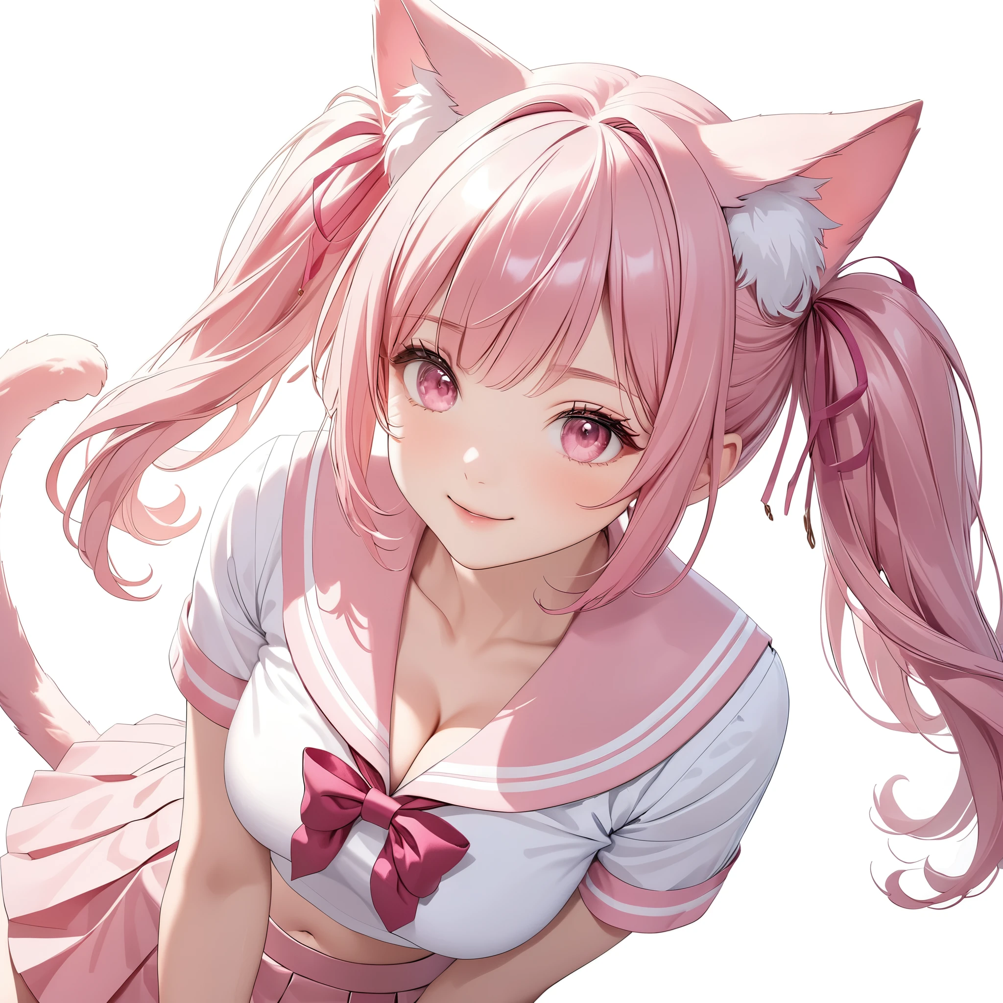 (8K, masutepiece, Best Quality, Official art, Breathtaking beauty and aesthetics, highly beautiful lighting, highly beautiful detailed), (1 Girl, Solo), (), (beautiful detailed face), (shiny white skin), (Beautiful big bust, cleavage, thighs, navel focus:1.3), (beautiful detailed pink twin tails hair, Bangs:1.3), (beautiful detailed drooping pink eyes:1.5), (high school uniform:1.3), (patsel pink sailor collar, white short sleeves short length outing shirt, pastel pink pleated skirt, patsel pink ribbon:1.3), (happy smile:1.2), (cute cat ears, cute fluffy cat tail:1.3), (Attractive, sensational, look at the camera, cute pose, lying, lie on her back, from above:1.3), (simple white plain background:1.5),