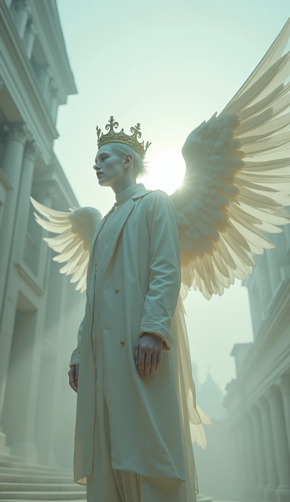 Screenshot, figure with sun face in cool white clothes, pale (lifeless), rough skin, big wings, rich wing feathers, wearing a crown on his head, pure white light, floating in the air, detailed skin expression, classic building background (realistic film lighting, 4K quality, surreal, detailed photography, film style, 35mm, rich and deep colors, masterpiece, ultra high resolution, photorealistic, 8k, surrealism, Fujifilm: 1.3), mysterious and beautiful atmosphere, gorgeous and fantastic atmosphere, fog, rough image texture, mysterious atmosphere, spiritual beings