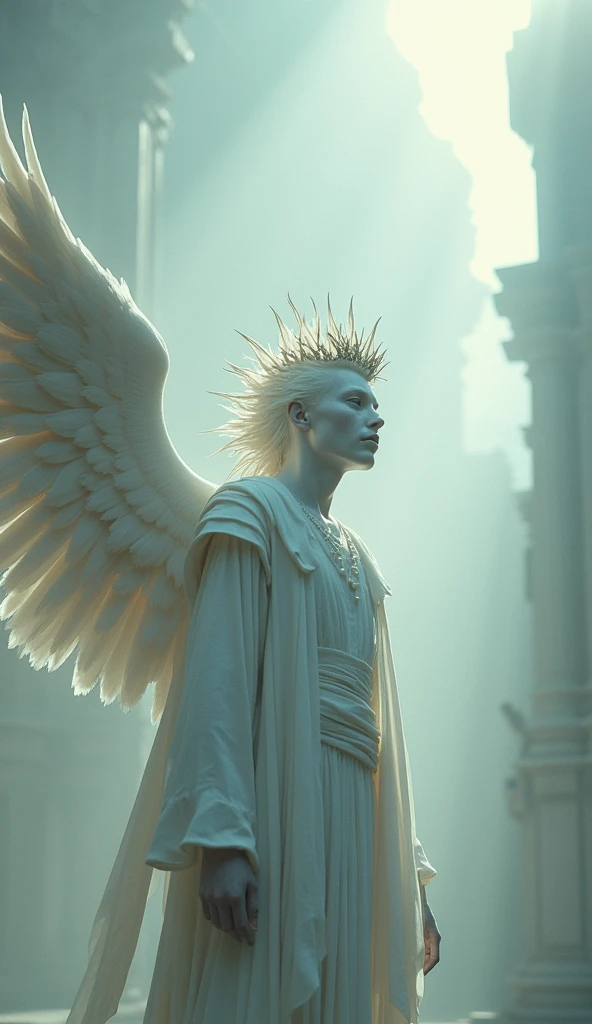 Screenshot, figure with sun face in cool white clothes, pale (lifeless), rough skin, big wings, rich wing feathers, wearing a crown on his head, pure white light, floating in the air, detailed skin expression, classic building background (realistic film lighting, 4K quality, surreal, detailed photography, film style, 35mm, rich and deep colors, masterpiece, ultra high resolution, photorealistic, 8k, surrealism, Fujifilm: 1.3), mysterious and beautiful atmosphere, gorgeous and fantastic atmosphere, fog, rough image texture, mysterious atmosphere, spiritual beings