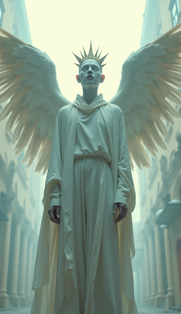 Screenshot, figure with sun face in cool white clothes, pale (lifeless), rough skin, big wings, rich wing feathers, wearing a crown on his head, pure white light, floating in the air, detailed skin expression, classic building background (realistic film lighting, 4K quality, surreal, detailed photography, film style, 35mm, rich and deep colors, masterpiece, ultra high resolution, photorealistic, 8k, surrealism, Fujifilm: 1.3), mysterious and beautiful atmosphere, gorgeous and fantastic atmosphere, fog, rough image texture, mysterious atmosphere, spiritual beings