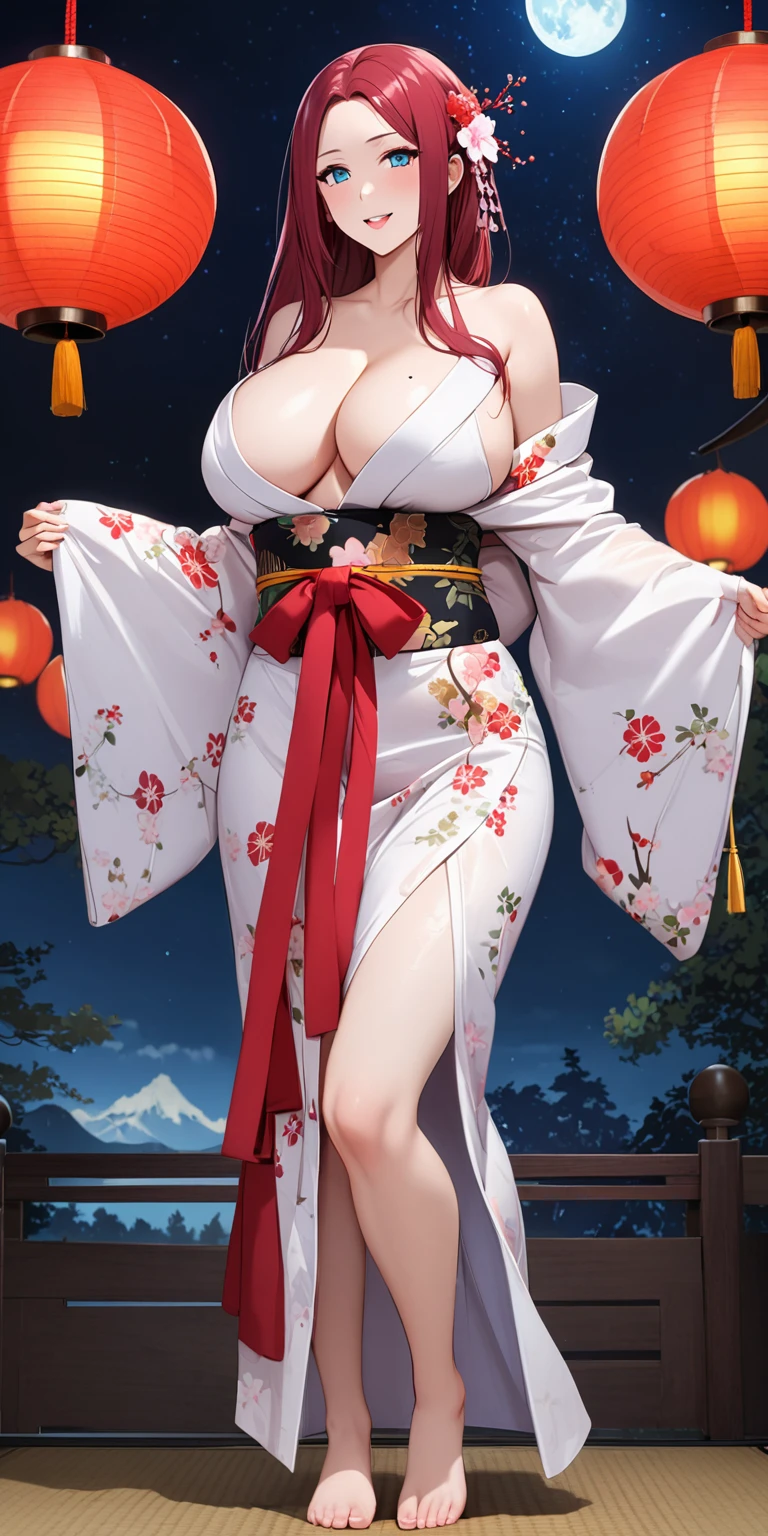solo, long hair, breasts, looking at viewer, bangs, big breasts:1.5, hair ornament, cleavage, blue eyes, full body, clip on hair, laughter ,parted lips, japanese clothes, kimono, mole, mole under eye, kushina ,curve body,milf,motherly,mature female,night sky ,standing ,cross hand holding kimono,untied kimono, cowboy shot,kimono off the shoulder,oil skin, Milky white skin,wet dress ,wet body, mercenary pose,face on front,big round breasts. slightly , slim body, sexy body, white skin, loose kimono