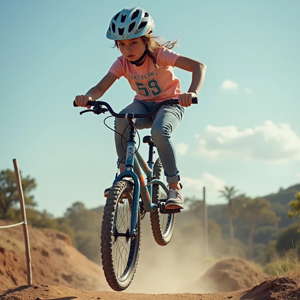 a girl riding a bicycle is trying to jump like BMX,