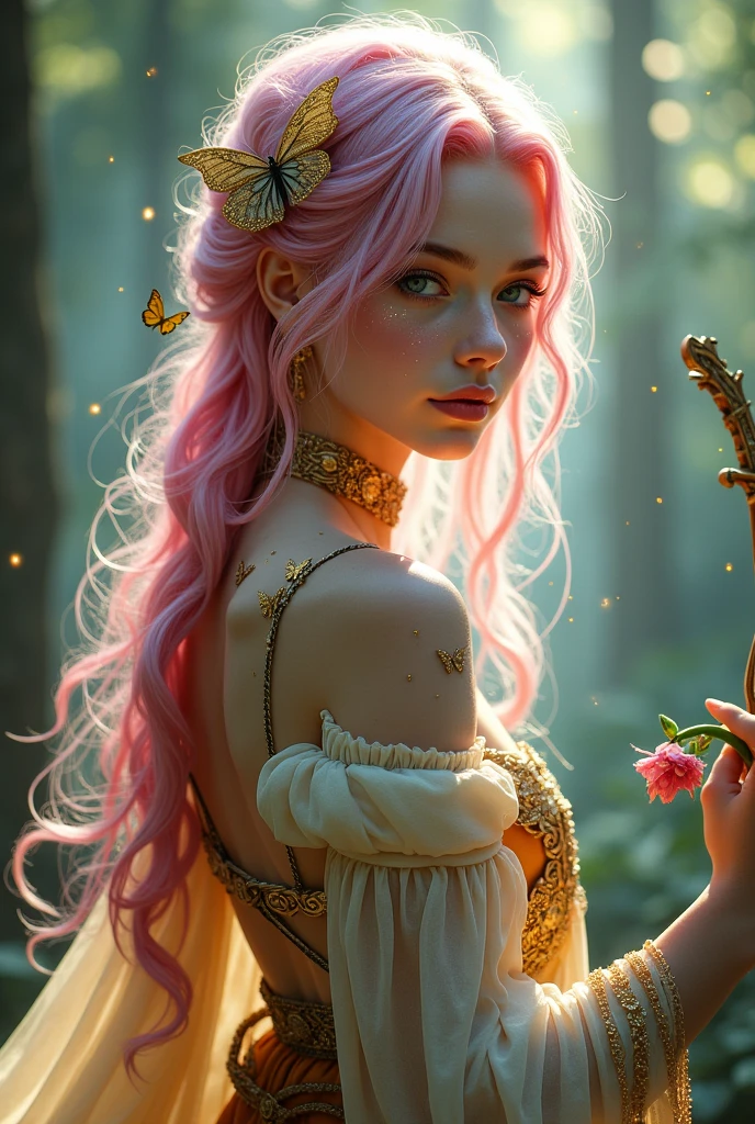 A very beautiful girl, Young and sexy with extremely pink hair with blue streaks. Her skin is white and delicate and has golden butterflies scattered that are like tattoos, besides her body being covered in a shiny golden powder, your eyes are silver, She is noble e possui vestes chiques e elegantes porém é uma aventureira filha de uma fada, She is noble, She is also a bard and loves music, She is always with her delicate lute, besides carrying her beautiful sword with her dagger shaped like a flower.