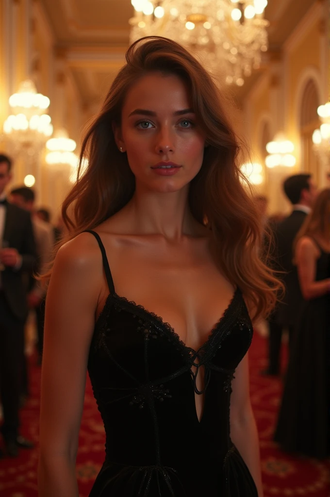 Girl, long brown hair, pale skin and blue eyes at a party wearing an elegant black dress, being watched by Damien Ronali, The mafia boss