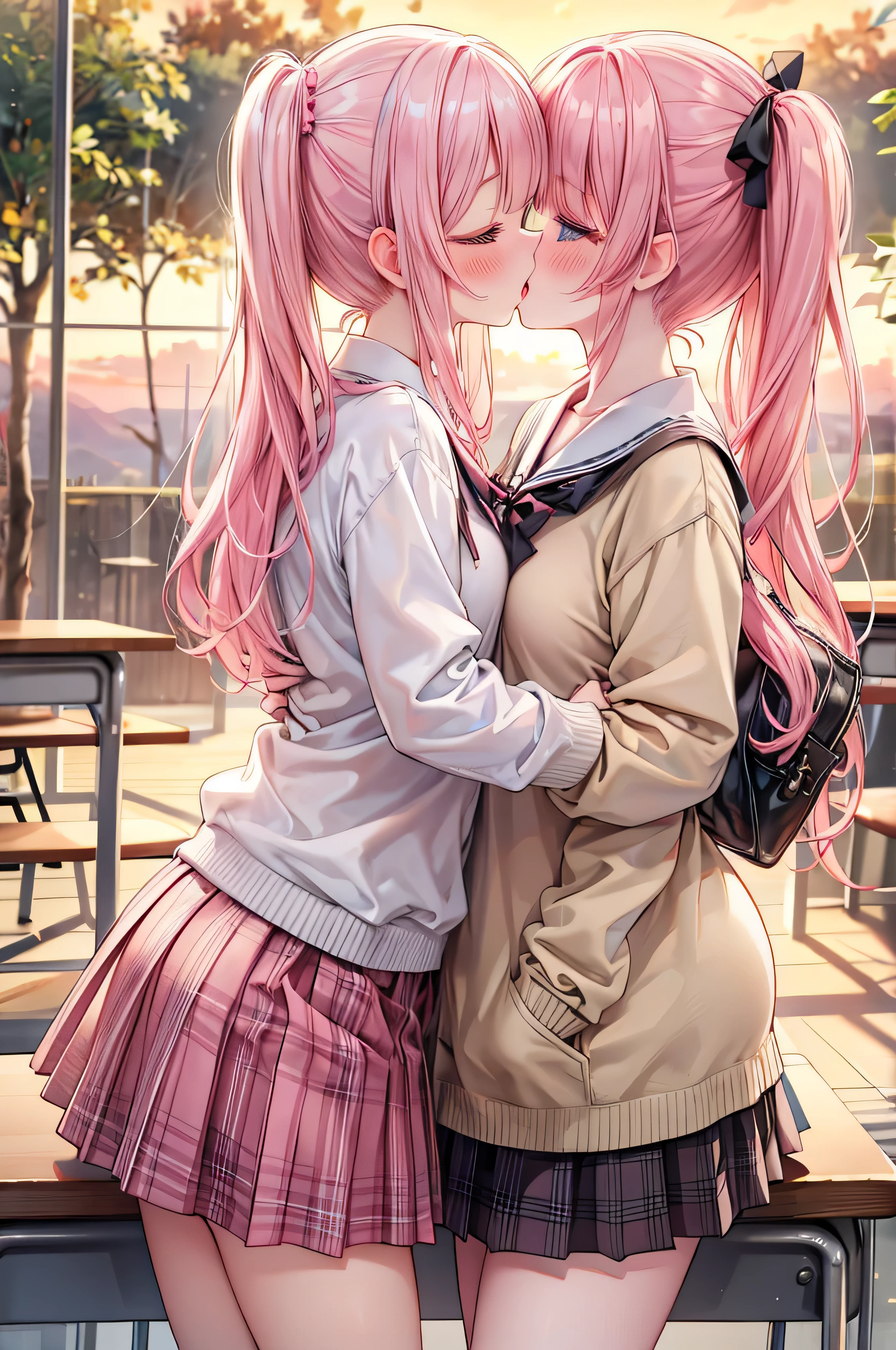 masterpiece, Highest quality, Browsing Caution,
Two Girls, kiss,
summer , Checked skirt, Pink Hair, ponytail, Embarrassed face,
classroom, sunset,