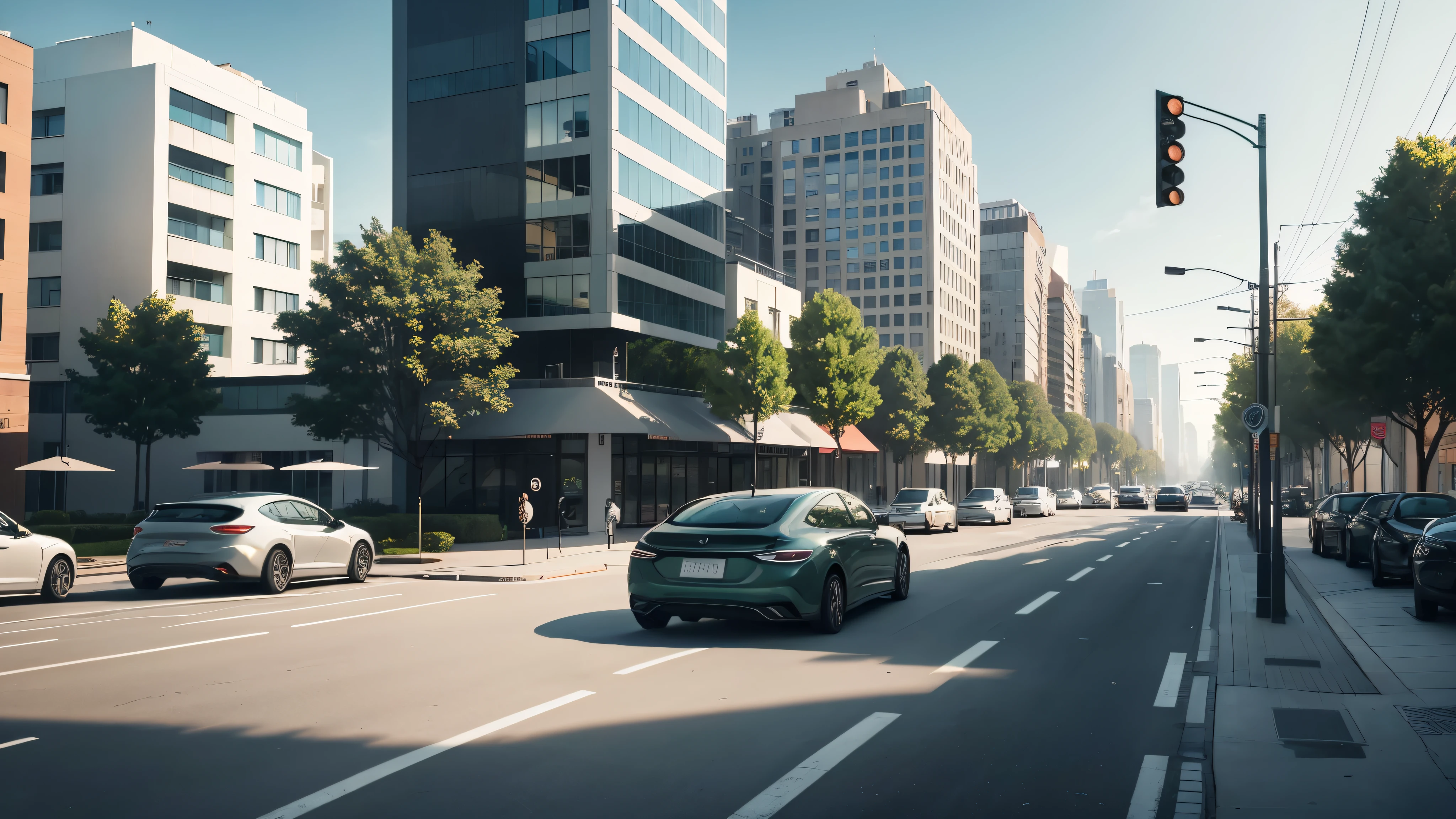 Design a city background with a calming and minimalistic style similar to Frieren, but with a more modern touch, (((cars))), (((peapels))), The scene should depict a contemporary urban street during the day, featuring sleek, modern buildings with clean, simple designs, Include details such as clean sidewalks, small trees, and parking areas, The primary colors should be light blue, gray, and green, with soft details like modern street signs and contemporary streetlights, The design should be soothing and straightforward, emphasizing modernity while balancing natural elements with urban infrastructure