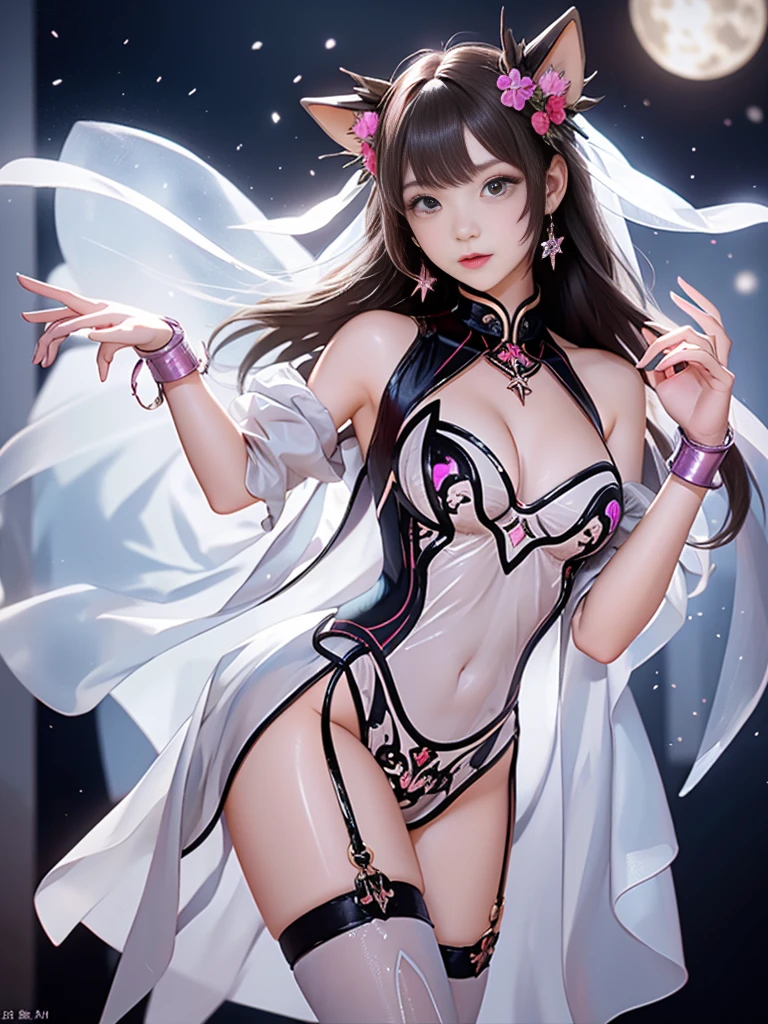 A beauty, (Race:Chinese),((night, moonlight, High-Floor Suite, rainstorm)), (8K Ultra HD, 8K, Ultra-high resolution, best quality, masterpiece, Surrealism, Digital SLR Camera, Soft Light, Bokeh, Masterpieces), ((((Beautiful model-like face))), ((Creating the image of a real girl)), warm light, Realistic shadows, Dynamic poses, Elegant Posture, Cowboy lens, Full body front view, Be confident, Body facing the camera, Standing facing the camera, Open your legs slightly, Golden Ratio Graphics, Minimalism, Center the character), (Happy smile, Big watery eyes, Cherry Blossom, Balanced Eyes, Perfect beautiful face, Normal facial features, Realistic skin, Attention to skin details, Skin is clean and radiant, Anatomically correct body, Sexy身材, cosmetic, Gloves, earrings, bracelet, necklace, Jewelry, veil, Hair accessories, Headdress, shawl), ((beautiful hair), Dark brown hair, Big wavy curly hairstyle, Waist-length hair, Messy Hairstyle, Gradient hairstyles, Cyberpunk hairstyle), ((Transparent clothes：1.5), (Color of clothes: Dreamy Blue), Transparent Clothes, See-through clothes, Tulle clothes, Mesh clothes, Transparent sci-fi Hanfu, Shiny micro bikini bra, (Clothes that accentuate your bust shape)), (Sexy的, Perfect breast shape, Teardrop chest shape, Snow-white breasts, very detailed breasts, 36C cups), (Tempting, Super high waist, Deep V, Low-cut, Sexy, Flattering, Open crotch, (Camel toe, High fork strangulation)), (sock, Knee socks, 吊garter, Leg ring, garter, 腿部garter), (style:Sexy,Mature), (Wet body:1.0) , (Wet clothes:1.0),