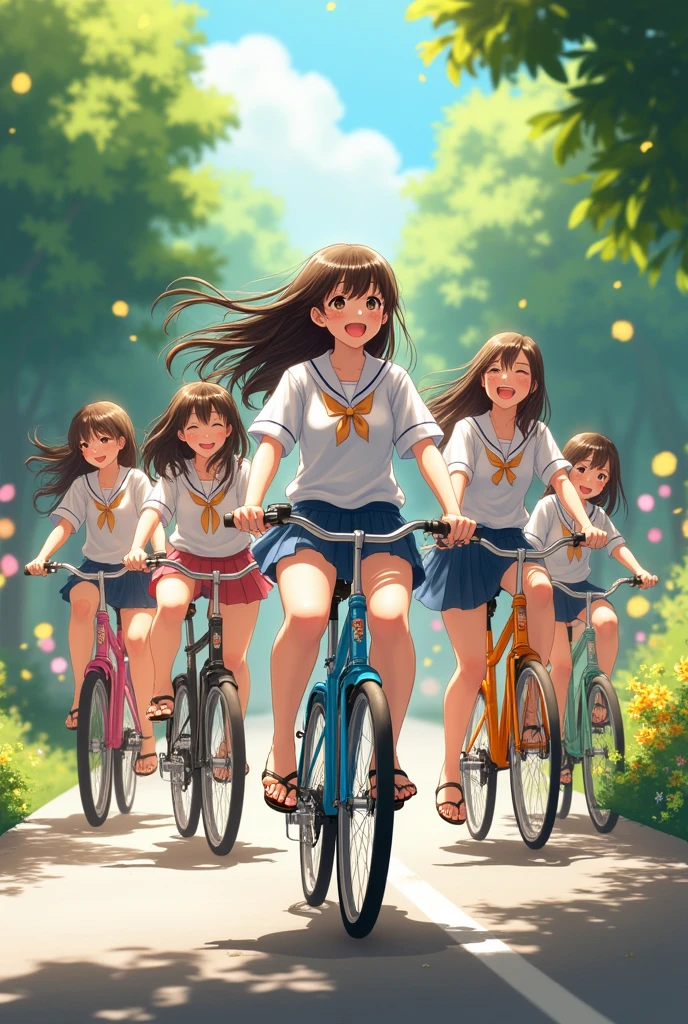A group of schoolgirls in thongs and long hair、is riding on