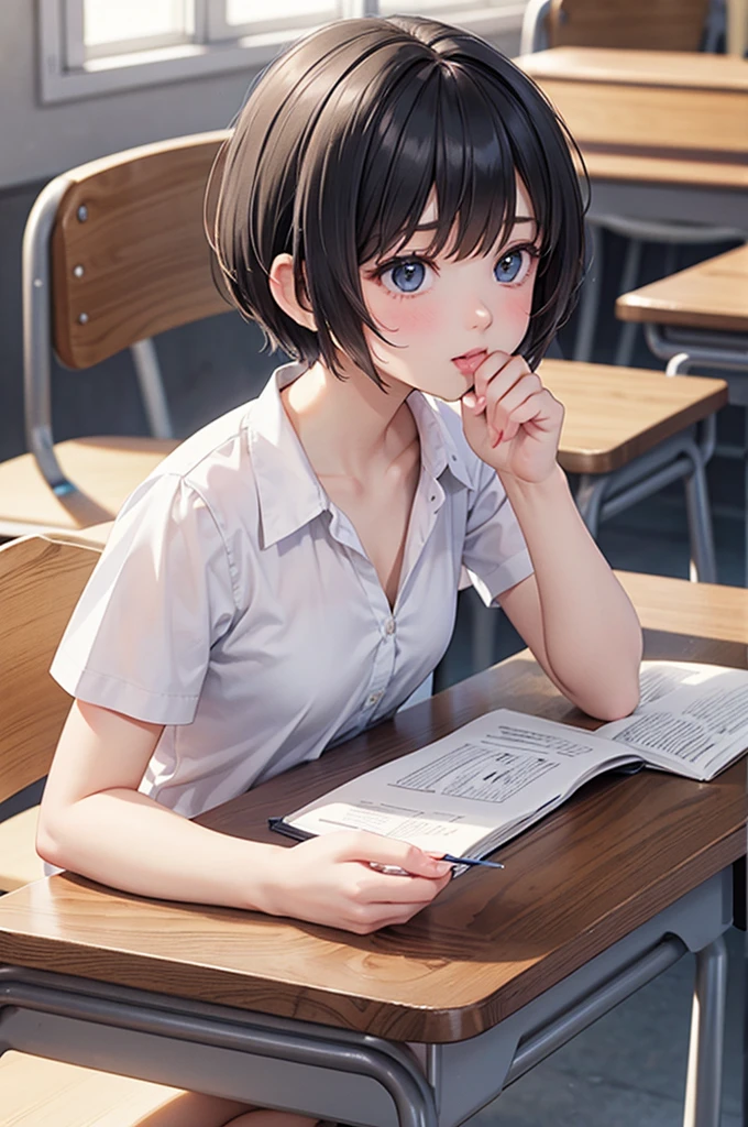 , A lot of semen, TBDICK, classroom, classroom desk, classroom chairs, school desk, school chair, During class, ((Penis on the table:1.2, tabletop penis:1.2, tabletop phallus:1.2)), desk and chair set, A set of school desk and school chair, ddler, body shape, ,, flat breast, body shape,pixie cut,, A lot of semen