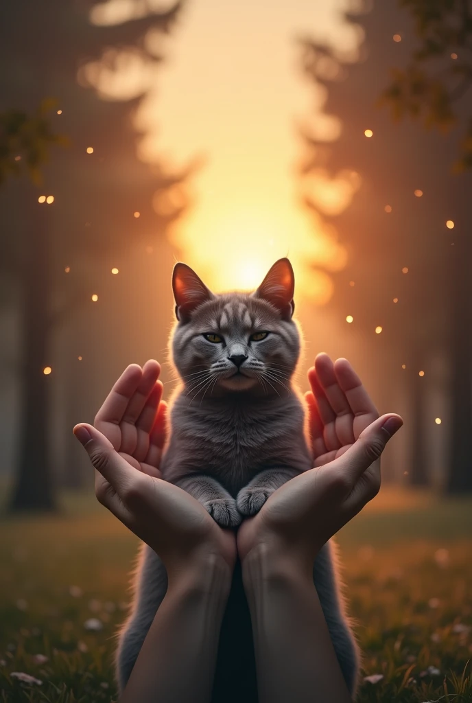 Two open hands slightly apart with light between them over the head of a gray cat with closed eyes in the center, background sunrise trees and small sparks of lights in the environment