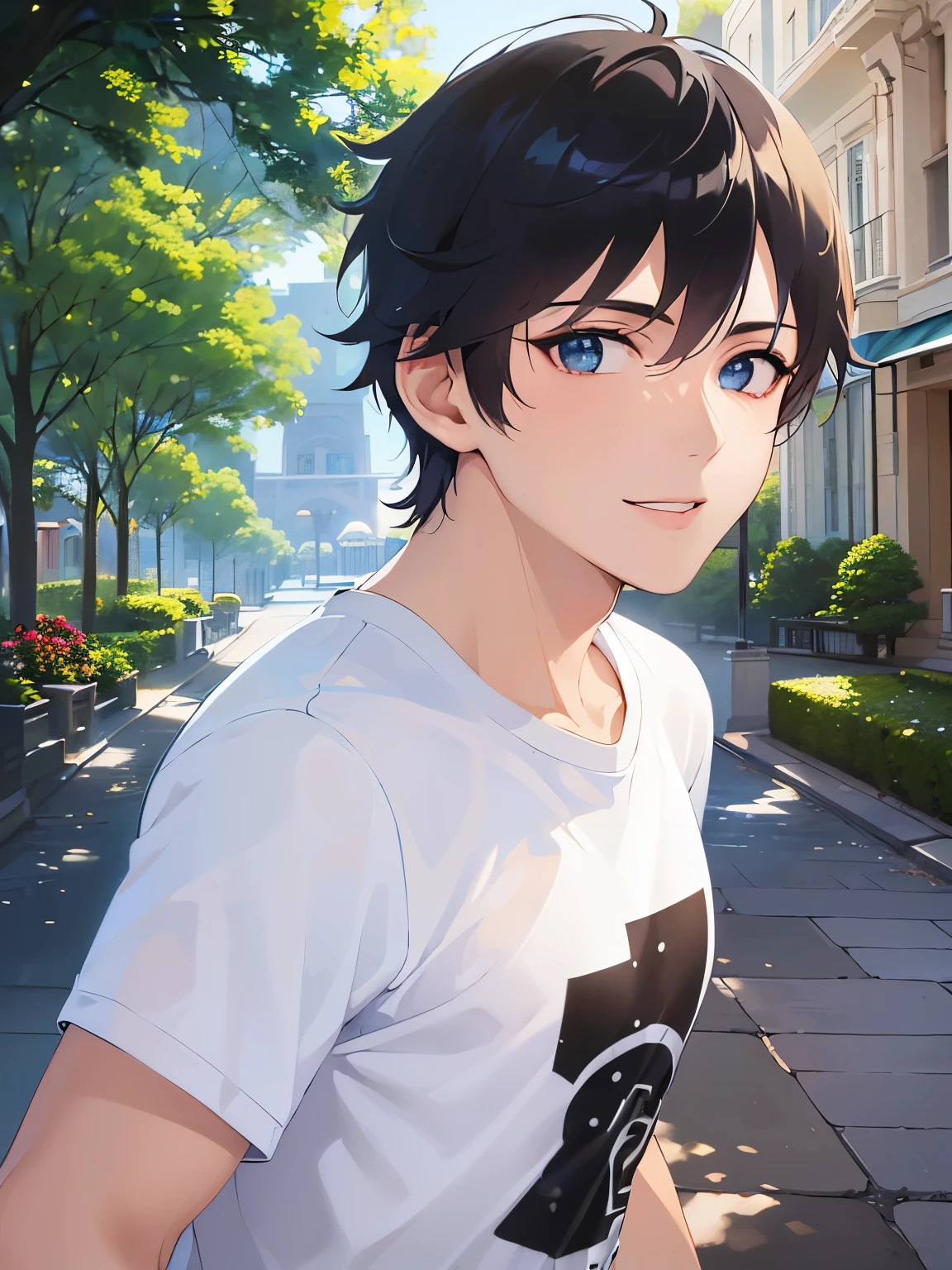 side angle, upper body、shiny skin, masterpiece、Highest quality、(25-year-old male:1.5) and (Black short hair) and (blue eyes), BREAK (white) and (T-Shirts) BREAK 立っている、smile, The background is a park、alone