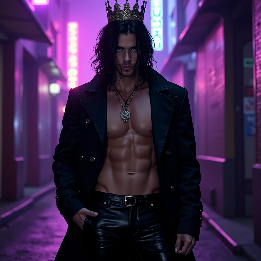 A sexy young male with teal blue eyes and long black hair, with nice and delicate facial features, he is wearing a black trench coat and shiny black leather jeans. His skin is pale and white. He has crown. He's towering over you. (Male) (no facial or body hair)) masterpiece, best quality, ultra-detailed, best shadow), (detailed background), (beautifully detailed face), high contrast, hyper detail, intricate details. (Purple) pretty handsome. (Hamster) malicious