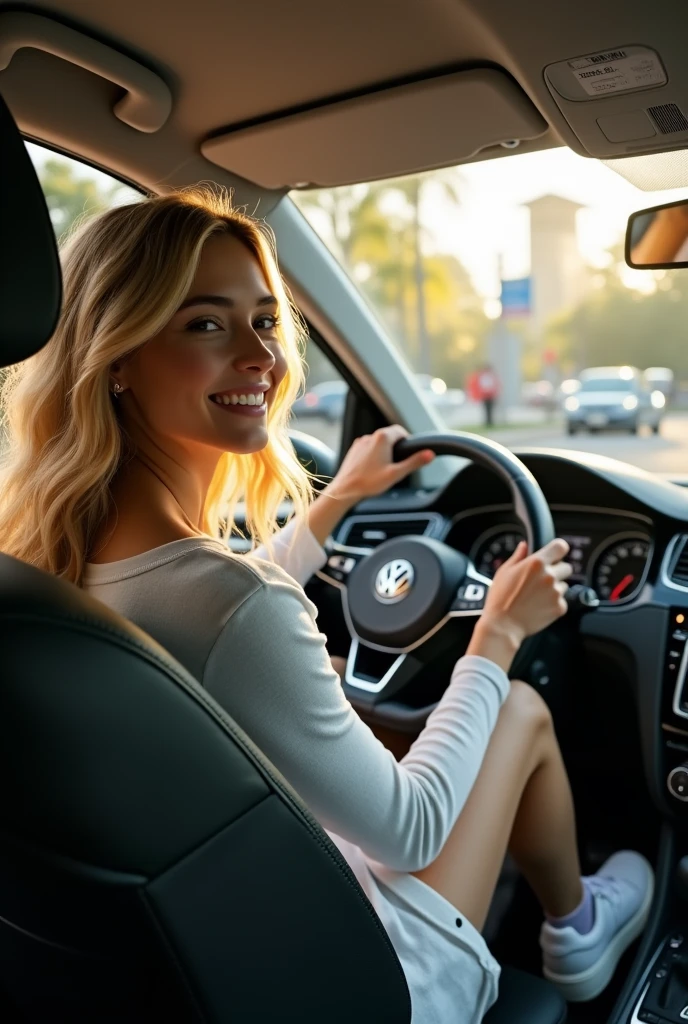 ((beautiful girl, 22 years old, a thin fit body blonde)), girl driving a Volkswagen golf. backseat camera angle and feet on car pedals
