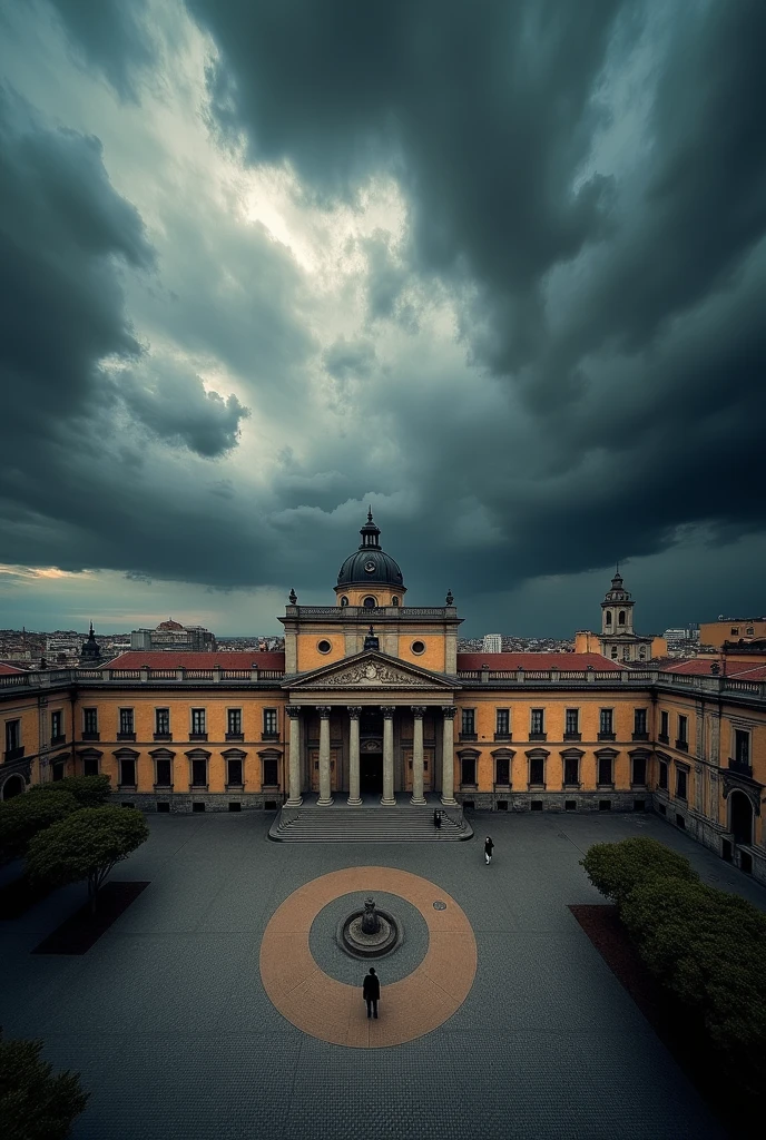 A dramatic aerial view of the Bank of Spain under a dark, stormy sky. The building is grand and imposing, with dark clouds swirling above, casting ominous shadows on the ground. The atmosphere is tense, with a sense of looming danger."