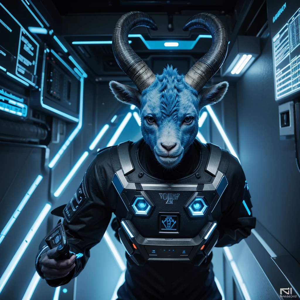 "Create a highly detailed 3D illustration of pc Operator a goat's blue head designed as an NFT, with a futuristic and high-tech theme. The pc Operator goat head should be blue in color and represent a powerful, authoritative figure, like a CEO. The design should incorporate elements of RAM (computer memory), making the horns and other features of the Operator goat blue head look like intricate, glowing circuits and chips. The overall style should be sleek, modern, and slightly abstract, with a blend of organic and mechanical textures."
