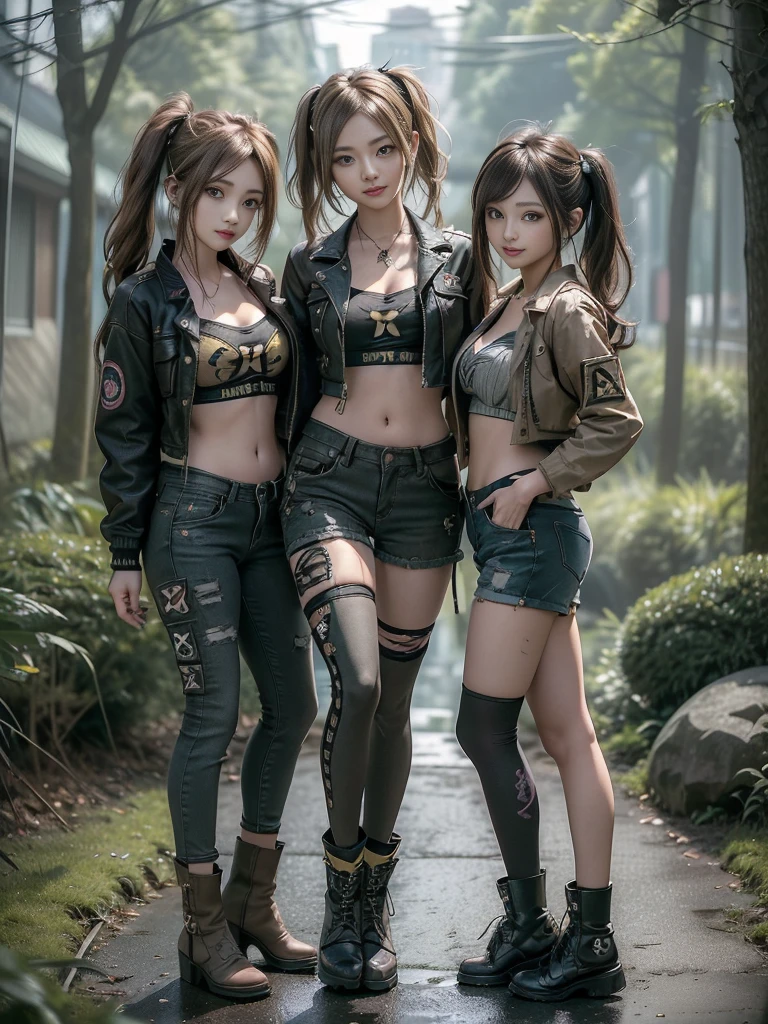 (Three Girls, 3 girls:1.5)、(Full Body View:1.3)、(Rear view:1.4)、(Hostess:1.3)、(Smiling with teeth showing:1.3),(Shibuya Gal:1.5)、(Gothic gravure model:1.4)、(Data Fashion:1.5)、(Punk RockVisual Kei:1.4)、(A modern short jacket in dark grey and moss green.:1.5)、(Tattered brown and charcoal denim low rise cargo pants:1.5)、(Mustard Yellow Headband:1.3)、(Charcoal and khaki striped knee socks:1.4)、collar、(Brown platform long boots)、(Clothing with logo pattern:1.4)、20-year-old、Browsing Caution,((Highest quality、In 8K、masterpiece:1.3))、Sharp focus:1.2、(Layered Cut、Huge breasts:1.1),Beautiful woman with perfect figure:1.4、(Doing an aerobics pose:1.3)、Slim Abs:1.2、Butt、Highly detailed face and skin texture、Fine grain、double eyelid,(Twin tails:1.3)、(Brown-golden hair:1.3)、Obscene、Idol Sculpture、(The three of them are posing together in a cute way.:1.3)、(The landscape is a beautiful temple of water and forest:1.3)、(Slimming your legs:1.4)、(The body is slim:1.3)、(clavicle:1.1)