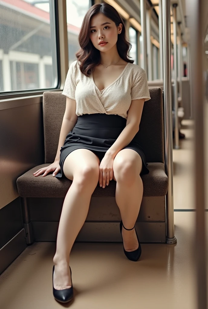 (Big Breasts), A beautiful woman, Voluptuous body, a beautiful face perfectly made up, A woman wearing a pencil skirt sitting on a train seat, Long legs, A shot taken from the seat across from me, Thigh-height seat, Asian beautiful woman, pantyhose,(( White lace panties are visible.))