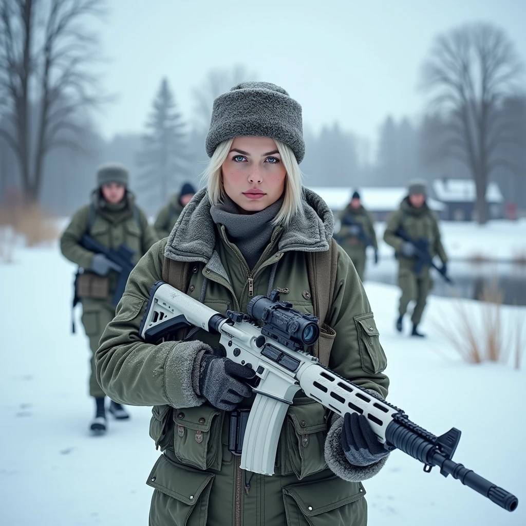 Masterpiece, a 26 years old Latvian female Border Control operative walking in winter camouflage uniform holding a white painted HK416 with a 4X scope and wearing a coms headset and an ushanka  . Shis is passing in front of a Latvian village near a frozen lake with a group of soldiers, beautiful round face, (platinium blonde short hair, blue eyes, very pale skin:1.2), a beautiful woman in a military uniform holding a rifle, of a sniper girl in war, realistic soldiers, beautiful female soldier, infantry girl, soldier girl, small character. unreal engine 5, movie still 8 k, portrait of soldier girl, mechanized soldier girl, female lead character, 8k portrait render, 3 d render character art 8 k, solo female character, ultra high res.photorealistic, UHD, RAW