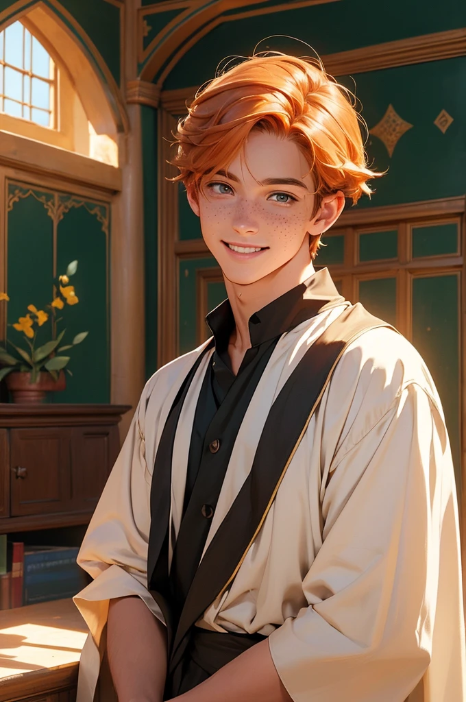 Anime, Boy, male, vampire, Young, white skin, Orange curly hair, long hair, yellow EYES, hair tied with a bow, Victorian clothes, Young, With bangs, cute, oval face