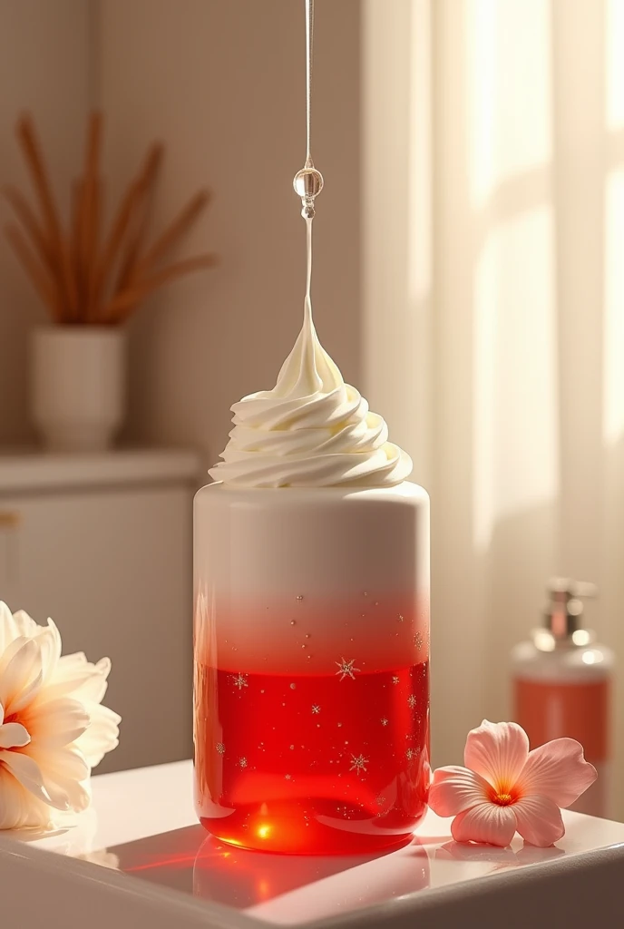 Shampoo is white on top and drips like honey, red underneath