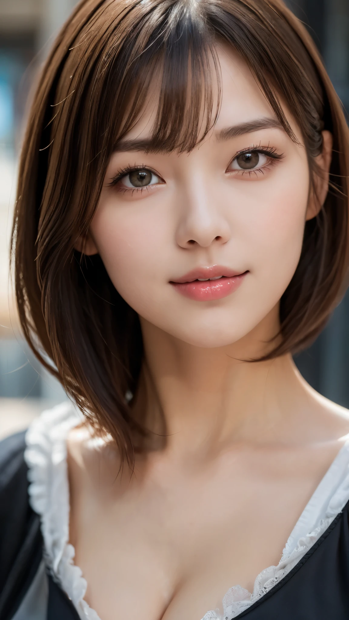 (photorealistic, 32k, RAW photo, best quality: 1.4), (masterpiece:1.3), (absurdres, attractive, ultra high resolution, ultra realistic, highly detailed, golden ratio, ultra detailed, super fucking beautiful detailed face), natural makeup, detailed cloth texture, detailed hair texture, beautiful detailed fullbody, Perfect female body, (cleavage, busty breasts:1.3), accurate, Anatomically correct, Highly detailed face and skin texture, (beautiful hands), (realistic skin), (beautiful pale skin:1.1), (Perfect dynamic composition, looking at viewer),
BREAK,
realistic eyes, beautiful detailed eyes, symmetric eyes, Light Brown eyes, Double eyelids, Thin eyebrows, (Glossy lips:1.4), ((A face with waiting for a kiss, Seductive smile:1.2)), (weat skin, blush:1.1),
BREAK,
((short hair, bob, Dark blonde hair, bangs:1.2)), (French Maid Uniform:1.3)