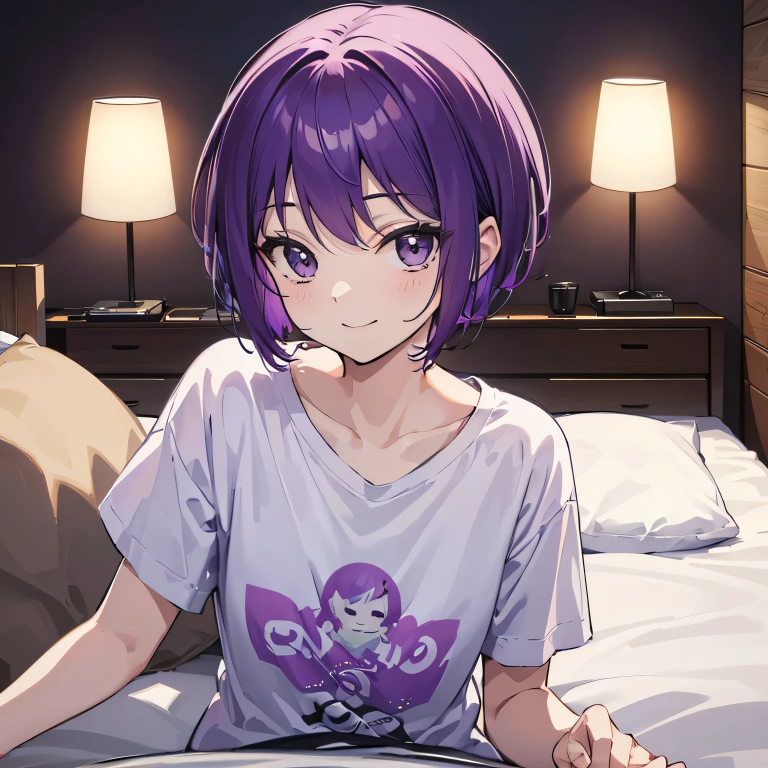 (T Masterpiece，4K wallpaper，Best Quality))、((１people))、(solo)、Bright and Brilliant，(Purple Hair)、(short hair:1.3)、smile、Bedroom、T-Shirts、night