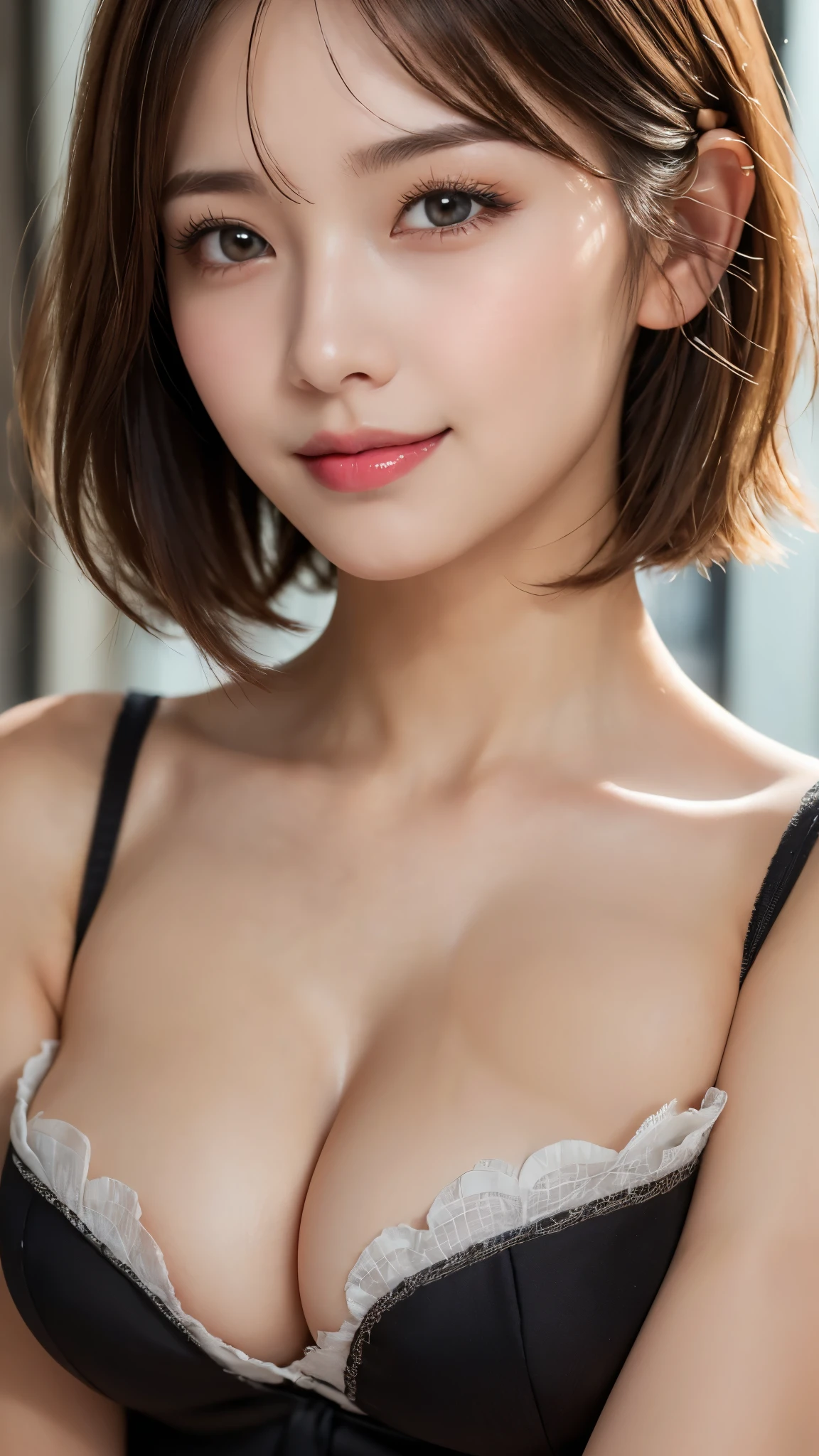 (photorealistic, 32k, RAW photo, best quality: 1.4), (masterpiece:1.3), (absurdres, attractive, ultra high resolution, ultra realistic, highly detailed, golden ratio, ultra detailed, super fucking beautiful detailed face), natural makeup, detailed cloth texture, detailed hair texture, beautiful detailed fullbody, Perfect female body, (cleavage, busty breasts:1.3), accurate, Anatomically correct, Highly detailed face and skin texture, (beautiful hands), (realistic skin), (beautiful pale skin:1.1), (Perfect dynamic composition, looking at viewer),
BREAK,
realistic eyes, beautiful detailed eyes, symmetric eyes, Light Brown eyes, Double eyelids, Thin eyebrows, (Glossy lips:1.4), ((A face with waiting for a kiss, Seductive smile:1.2)), (weat skin, blush:1.1),
BREAK,
((short hair, bob, Dark blonde hair, bangs:1.2)), (French Maid Uniform:1.3)