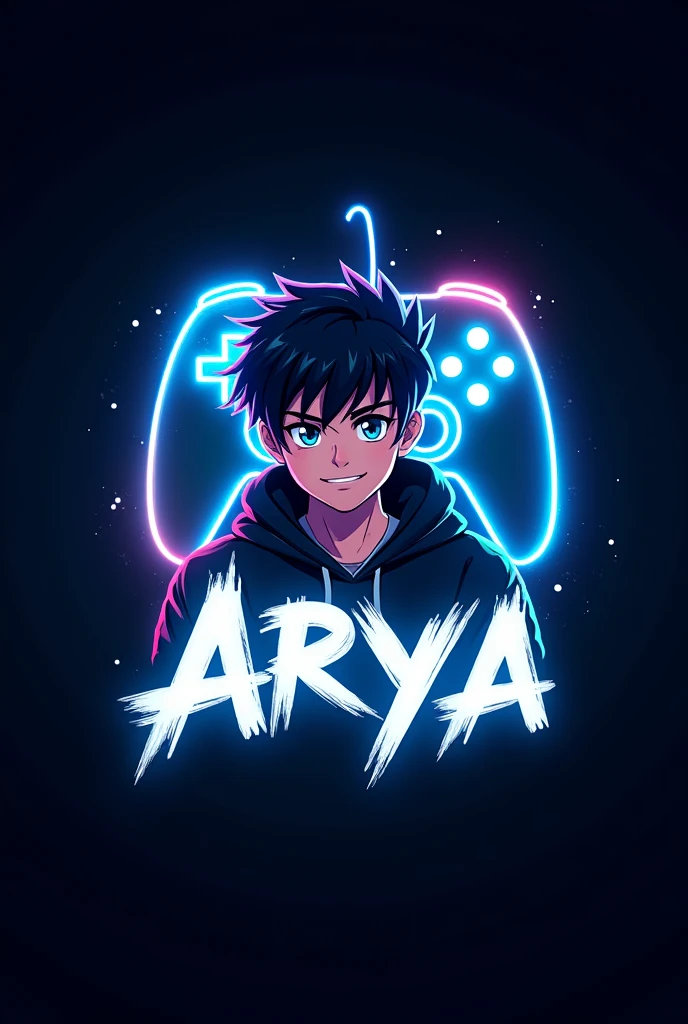 This is a gaming logo that features the name "Arya" in a futuristic font and a neon blue color. and Boy Anime avtar, The logo also has a stylized controller icon and a YouTube play button in the background. The logo is designed to be attractive and eye-catching, and to appeal to gaming enthusiasts and YouTube viewers. I hope you like it.