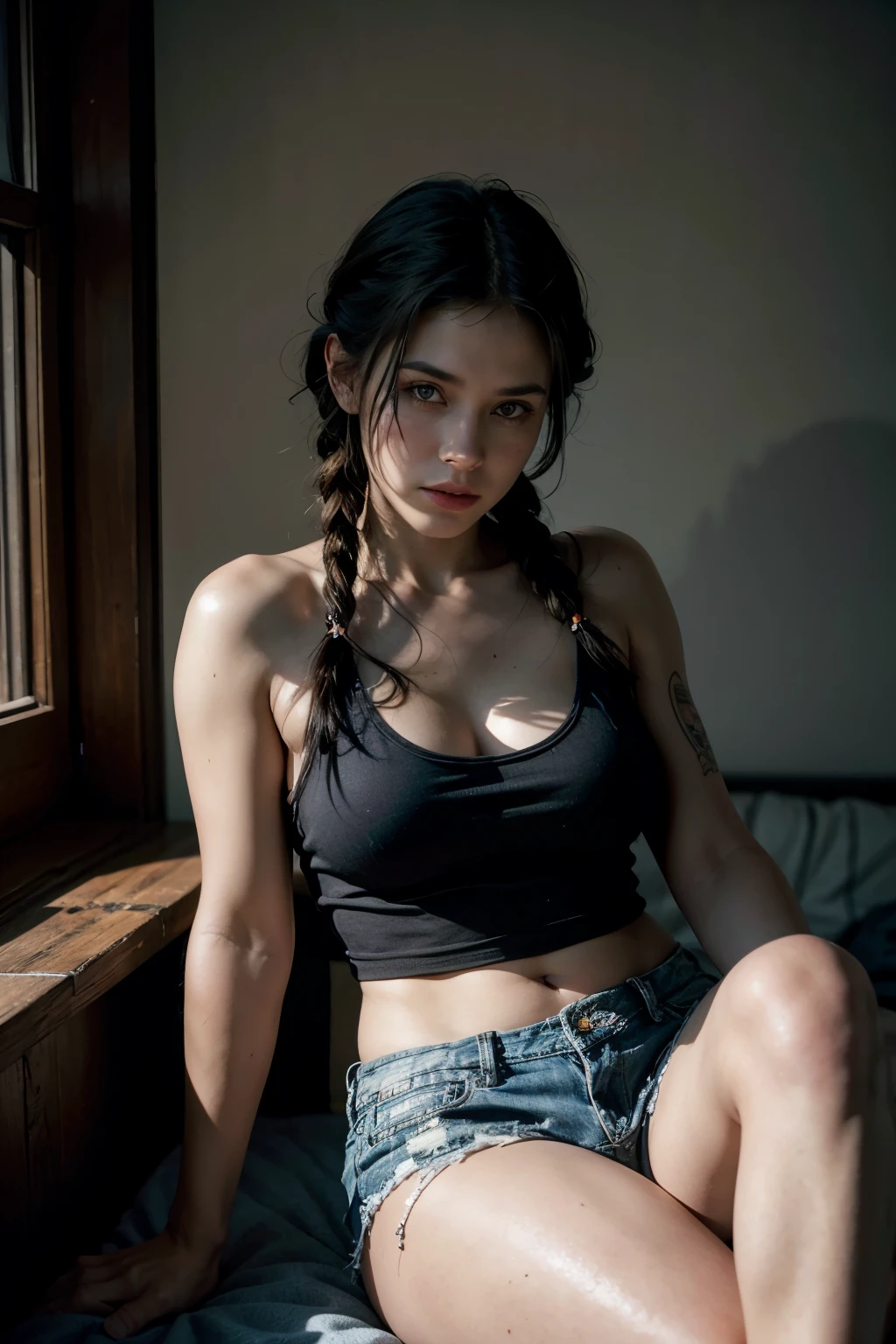 a beautiful woman wearing tank top, jean shorts, bedroom, sitting down, legs open, dark hair in braids, tattoos, realistic, photorealistic, 8k, high quality, intricate details, dramatic lighting, cinematic, moody, sensual, chiaroscuro, elegant
