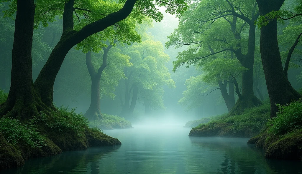 A lush, green forest with tall trees and dense foliage surrounding a serene lake.Countless ripples of rain spread across the water's surface.,fog