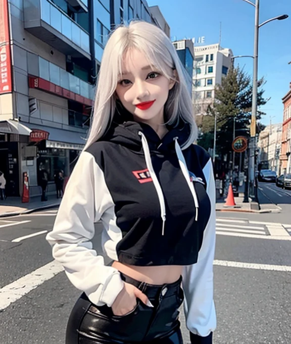 Woman blue hoodie jacket, black thick pant, red lipstick, makeup face, white hair, skinny pant, smile, not Ewaraj,