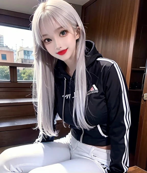 Woman blue hoodie jacket, black thick pant, red lipstick, makeup face, white hair, skinny pant, smile, not Ewaraj,