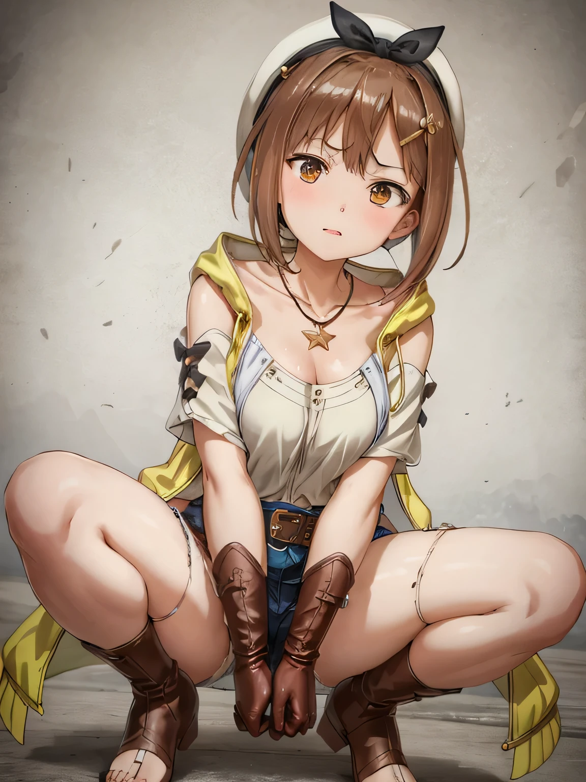 nsfw,(Squat down and spread your legs:1.2), riser, 1 person, alone, blush, Shorts, gloves, Belt bag, have, Head Ribbon, jewelry, red shorts, Brown Hair, short Shorts, Bridal Legwear, necklace, Brown eyes, One-handed gloves, hair ornaments, Valletta, star necklace, Closed-toe footwear, leather, star (symbol), White Hat, Brown gloves, Knee-high boots, short hair, Thighs Thighs Thighs, leather Belt, Tea belt, leather gloves, Jacket, Blue Belt, belly button, Thigh-high boots, Sleeveless Jacket, Thigh pouch, White thighs, clavicle, Jacket, Brown shoes, Outdoor, ,(arms behind back),